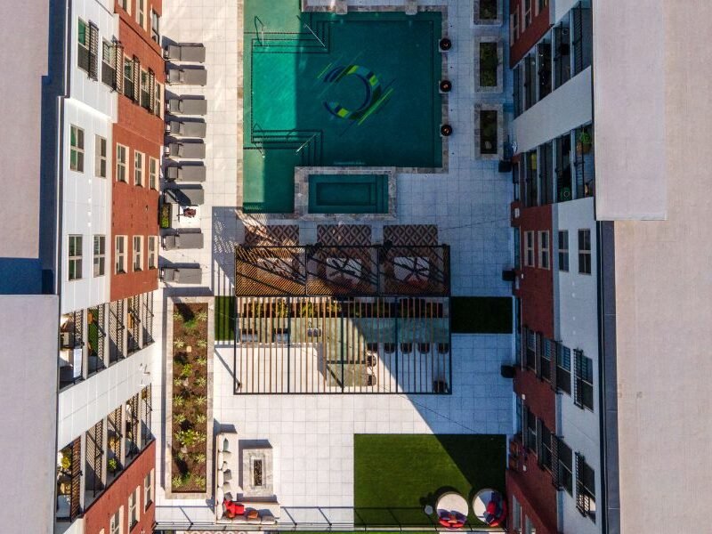 Looking down at Chelsea's pool area